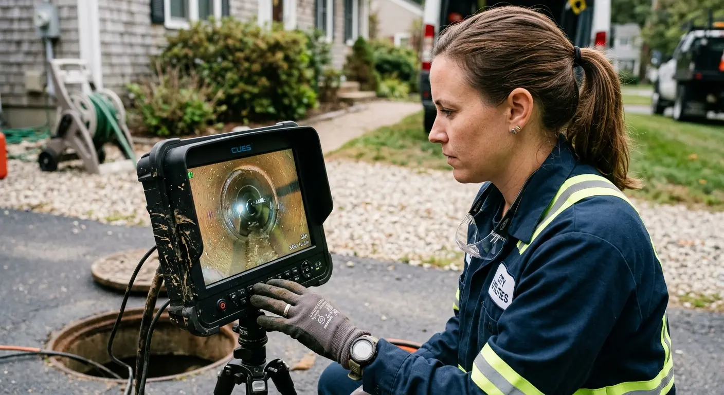 Technician reviewing sewer camera inspection footage in Gainesville