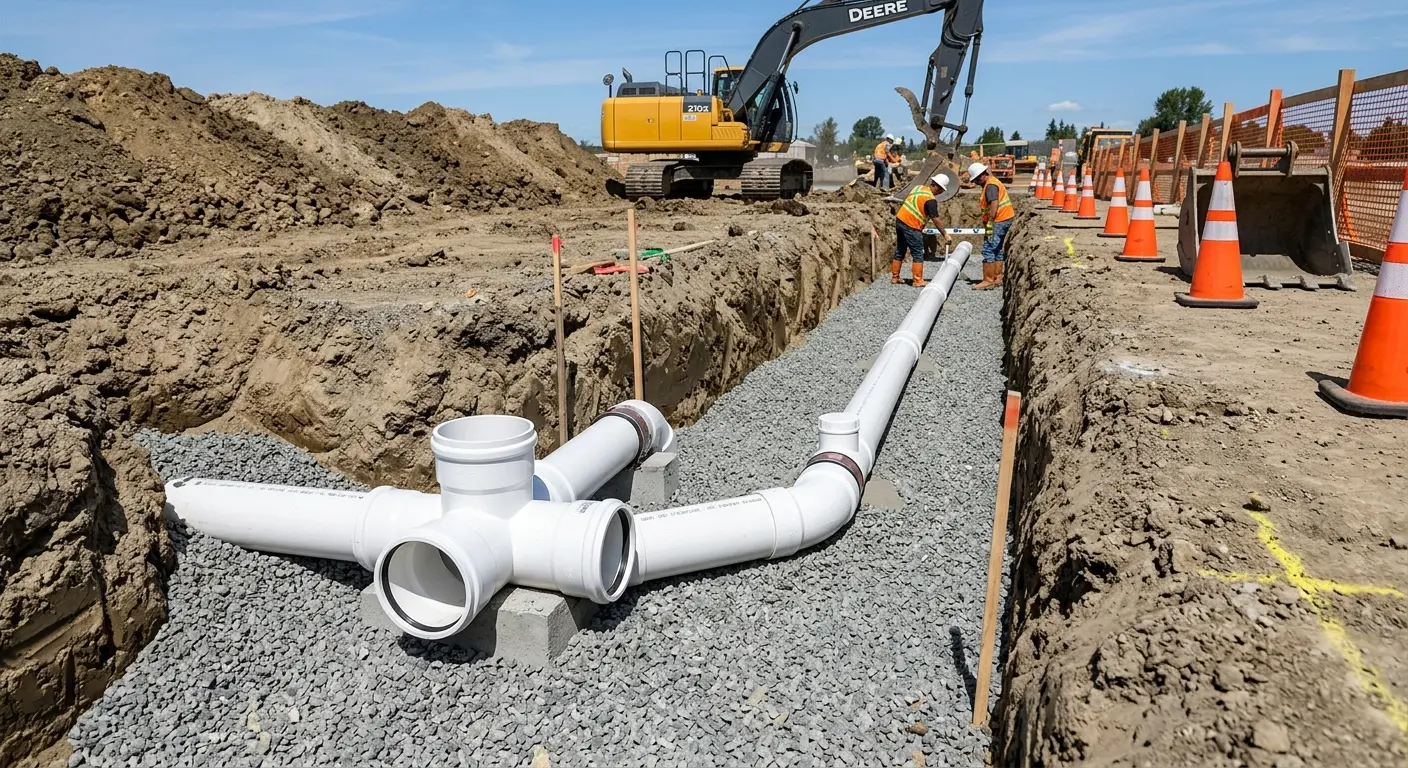 New PVC sewer pipe installation in open trench for Commercial Drain Cleaning in Gainesville