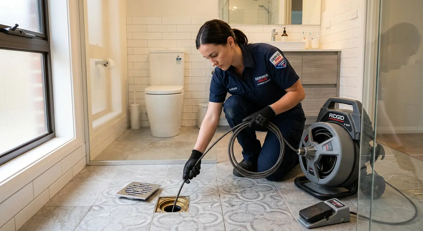 Technician clearing a bathroom floor drain for Clogged Drain Repair in Gainesville